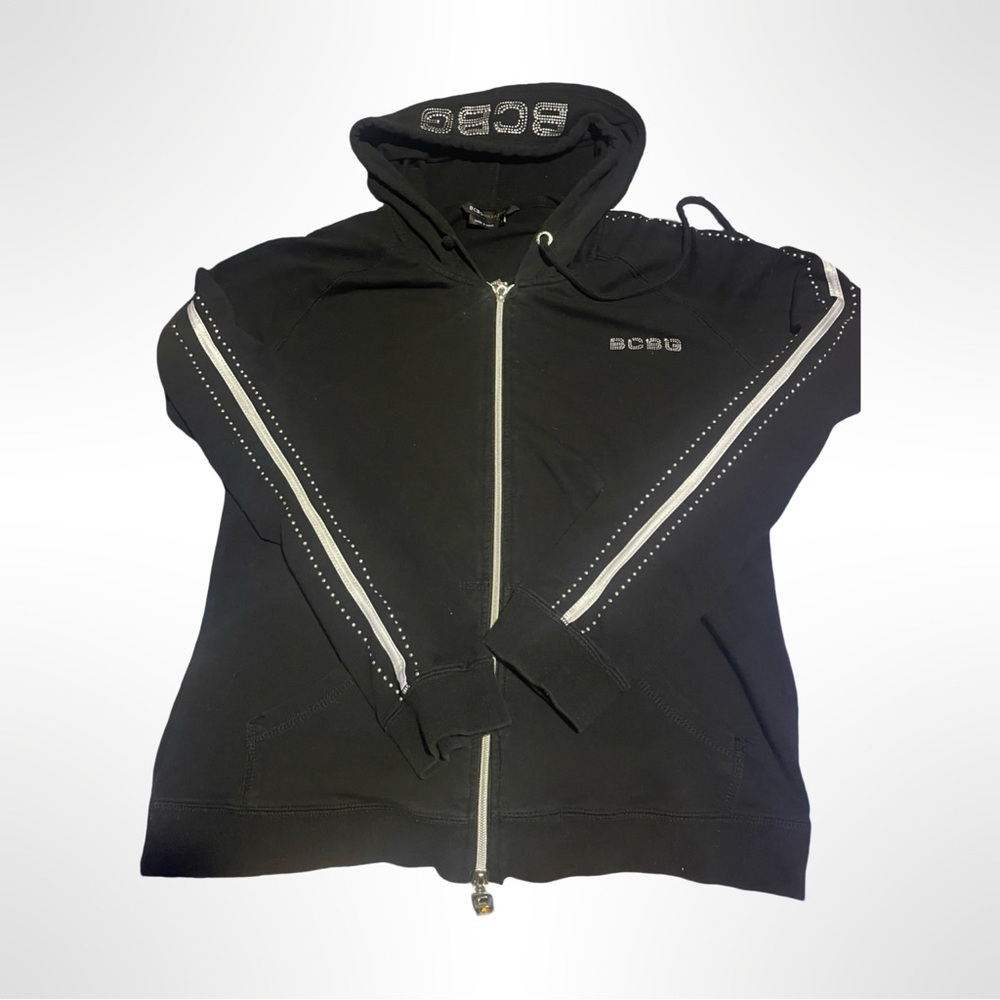 BCBGMaxazria Full Zip Jacket Womens L Black Long Sleeve‎ Hooded  Rhinestone Y2K